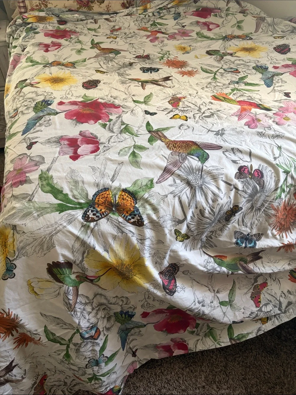 Pottery Barn Floral & Hummingbird Duvet Cover in Gray with Multicolor Accents